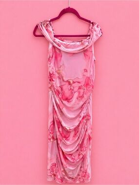 SHEIN Pink Marble Ruched Cowl Neck Midi Dress